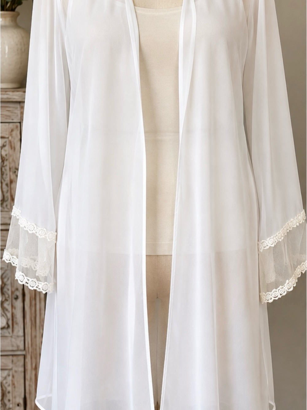 Vintage Flora Nikrooz Sheer Chiffon Robe M White Lace Peignoir Bridal